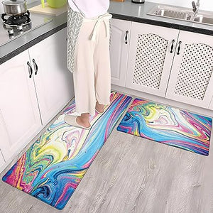 Anti Fatigue Coastal Rugs Beach Theme Fish Pattern Waterproof Non-Slip Ergonomic Comfort Standing Mat for Sink Laundry Bedroom,17.3 x28+17.3 x 47 Inch, PVC, Blue