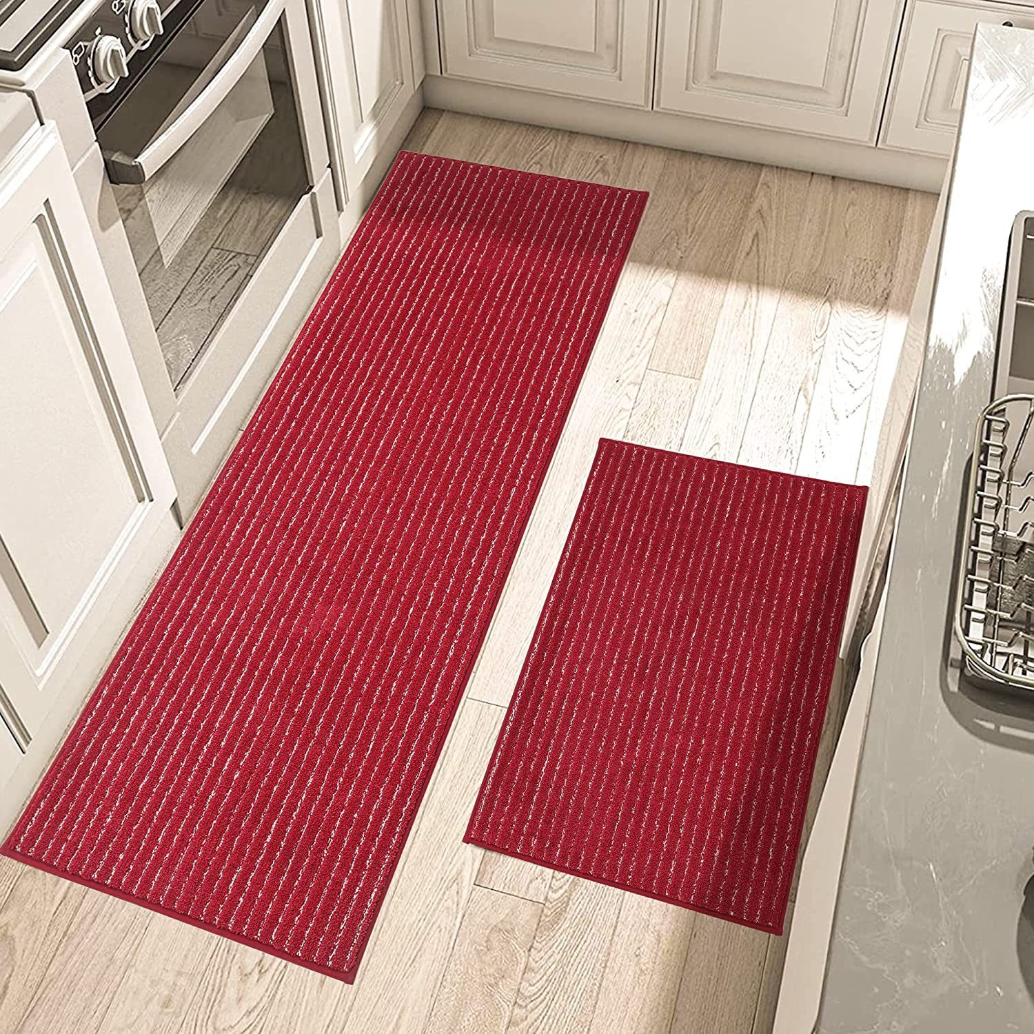 Chic Cutlery Print Red Wool-Effect Kitchen Mat and Runner Rug Set of 2