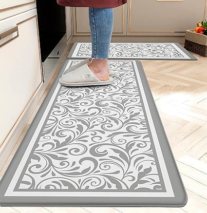 Anti Fatigue Mats for Kitchen Floor Kitchen Rugs Grey Paisley Boho Memory Foam Kitchen Mat Cushioned PVC Leather Kitchen Rug Set, 17.3x28+17.3x47 inchs