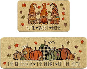 2 Piece Pumpkin Kitchen Mats Set The Kitchen is The Heart of The Home Non-Slip Rugs Home Sweet Home Decoration Doormat (17" x 29" + 17" x 47")