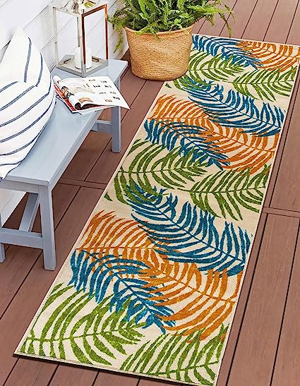 Minorca Floral Leaves Non-Shedding Outdoor Rugs - 2' x 7' Multi