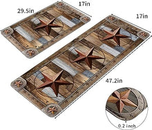 Farmhouse Wood Kitchen Rugs Mats Set of 2 Rustic Texas Star Anti-Fatigue Cushioned Kitchen Floor Mat Non-Slip Backing Washable Kitchen Rugs Set Office Laundry, 17inchx29.5inch+17inchx47inch