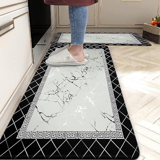 Black Marble Set of 2 Anti Fatigue Modern Abstract Non-Slip Standing Waterproof Mats for Kitchen Sink, 17.3 x 28 inch+17.3 x 47 inch