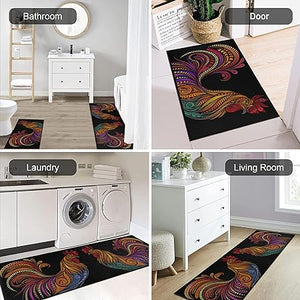 Rooster Colorful Chicken Non-Slip Washable Microfiber Kitchen Carpet 17x47+17x30 Inches