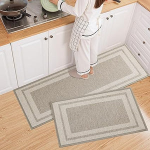 Set of 2 Non-Slip Washable Kitchen Rugs for in Front of Sink.Hallway, Laundry Room 17.3"x30"+17.3"x47" (Beige)