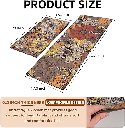 Boho Floral Kitchen Rug, Soft Cushioned Anti-fatigue Comfortable