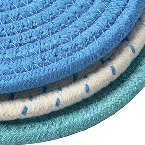 Kitchen Pot Holders Set Trivets Set 100% Pure Cotton Thread Weave Hot Pot Holders Set (Set of 3) Stylish Coasters, Hot Pads, Hot Mats, Spoon Rest for Cooking and Baking by Diameter 7 Inches (Blue)