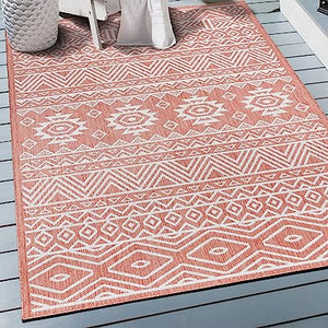 Lecce Distressed Geometric Bohemian Textured Flat Weave Easy Cleaning Outdoor Rugs