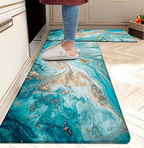 Anti Fatigue Coastal Rugs Beach Theme Fish Pattern Waterproof Non-Slip Ergonomic Comfort Standing Mat for Sink Laundry Bedroom,17.3 x28+17.3 x 47 Inch, PVC, Blue