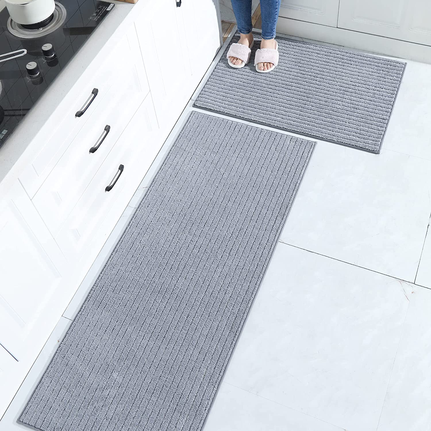Non Skid Washable TPR Backing 100% Polyester Kitchen Mat Set of 2