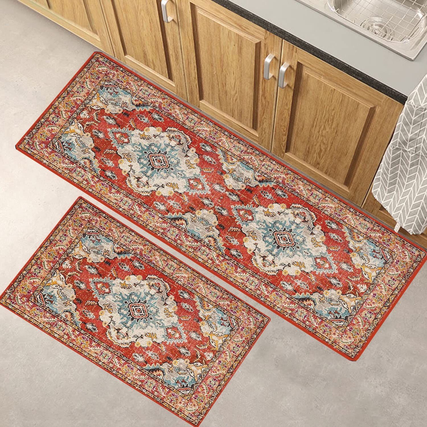 Boho Kitchen Rugs and Mats Set of 2 Cushioned Anti Fatigue Red Kitchen  Floor Mat 2/5 Inch Thick Vinatge Kitchen Runner Rug Non-Slip Waterproof PVC