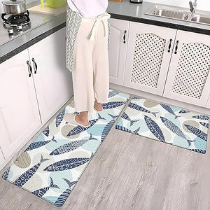 Anti Fatigue Coastal Rugs Beach Theme Fish Pattern Waterproof Non-Slip Ergonomic Comfort Standing Mat for Sink Laundry Bedroom,17.3 x28+17.3 x 47 Inch, PVC, Blue