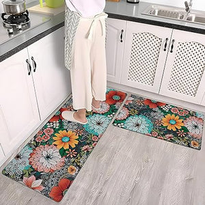 Anti Fatigue Coastal Rugs Beach Theme Fish Pattern Waterproof Non-Slip Ergonomic Comfort Standing Mat for Sink Laundry Bedroom,17.3 x28+17.3 x 47 Inch, PVC, Blue