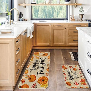 2 Pack Non Skid Washable  Fall Kitchen Mats, Size of 17x29 and 17x47 Inch