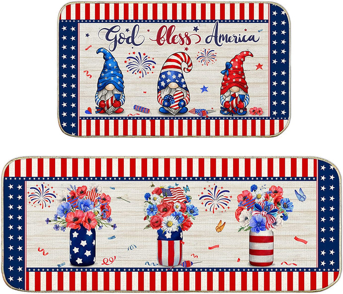 Set of 2 Piece Fourth of July Gnomes Stars Stripes Independence Day Floral Kitchen Mats