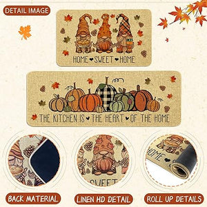 2 Piece Pumpkin Kitchen Mats Set The Kitchen is The Heart of The Home Non-Slip Rugs Home Sweet Home Decoration Doormat (17" x 29" + 17" x 47")