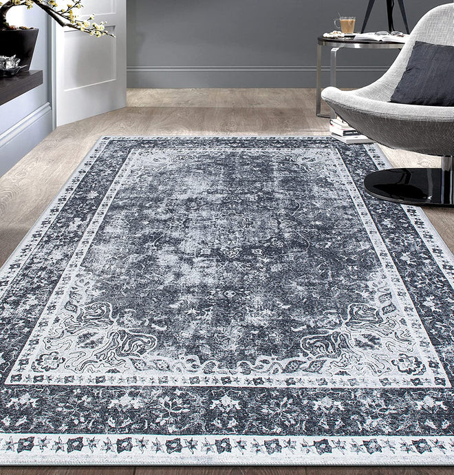 Traditional Distressed Medallion Stain Resistant Flat Weave Eco Friendly Premium Recycled Machine Washable Area Rug 10'x14' Black