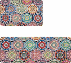 Boho Floral Kitchen Mats Set of 2, 17.3x28+17.3x47 Inch, 2/5 Inch