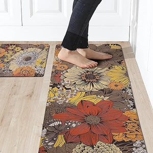 Floral Kitchen Rug Sets 2 Piece with Runner Washable Kitchen Rugs and Mats  Set Non Slip Cushioned Kitchen Floor Mat Waterproof Laundry Room Rug Runner  Bohemian Area Rug 