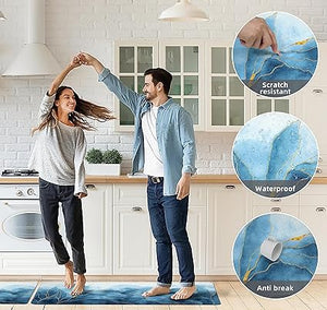 Anti Fatigue Coastal Rugs Beach Theme Fish Pattern Waterproof Non-Slip Ergonomic Comfort Standing Mat for Sink Laundry Bedroom,17.3 x28+17.3 x 47 Inch, PVC, Blue