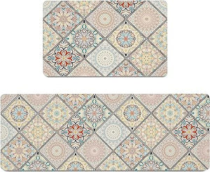 Boho Floral Kitchen Mats Set of 2, 17.3x28+17.3x47 Inch, 2/5 Inch