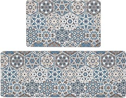 Boho Kitchen Mats Set of 2 Cushioned Anti-Fatigue Comfort Standing Mat, 17.3x28+17.3x47 Inch