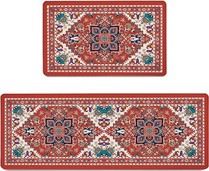 Boho Floral Kitchen Mats Set of 2, 17.3x28+17.3x47 Inch, 2/5 Inch