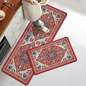 Boho Floral Kitchen Mats Set of 2, 17.3x28+17.3x47 Inch, 2/5 Inch