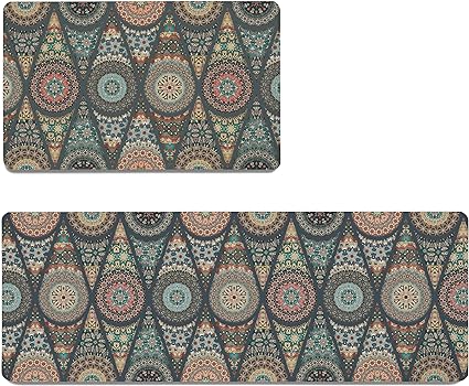 Boho Floral Kitchen Mats Set of 2, 17.3x28+17.3x47 Inch, 2/5 Inch