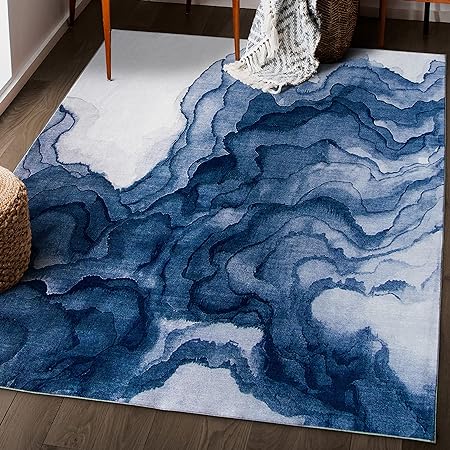 Non-Shed - Eco-Friendly, Machine Washable Rug - Stain Resistant, Made from Premium Recycled Fibers - Abstract Contemporary - Blue, 2'6