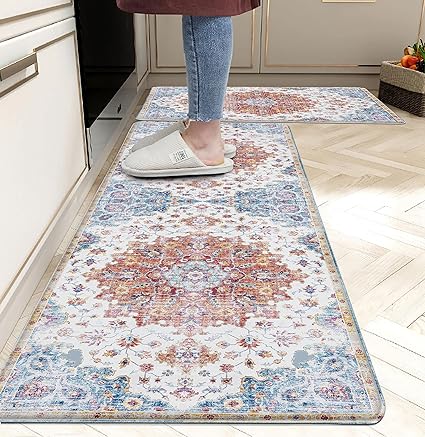 Anti Fatigue Mats for Kitchen Floor Vintage Farmhouse Style Memory Foam Non-Slip Waterproof Kitchen Mat Cushioned PVC Kitchen Rug Set, 17.3x28+17.3x47 inches