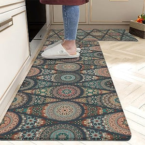 Boho Floral Kitchen Mats Set of 2, 17.3x28+17.3x47 Inch, 2/5 Inch