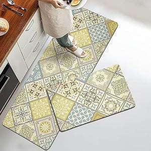 Boho Floral Kitchen Mats Set of 2, 17.3x28+17.3x47 Inch, 2/5 Inch