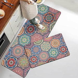 Boho Floral Kitchen Mats Set of 2, 17.3x28+17.3x47 Inch, 2/5 Inch