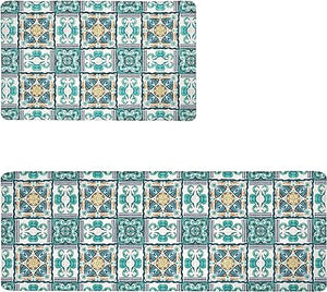 Boho Floral Kitchen Mats Set of 2, 17.3x28+17.3x47 Inch, 2/5 Inch