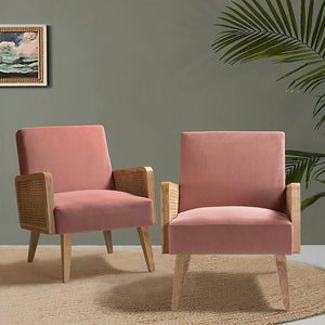 Carmina Modern Bohemian Cane upholstered Accent Armchair with Tapered Legs Set of 2