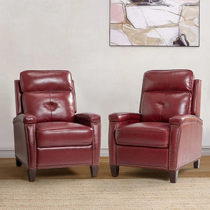 Gaspar Mid-Century Modern Genuine Leather Pushback Recliner with Wood legs Set of 2