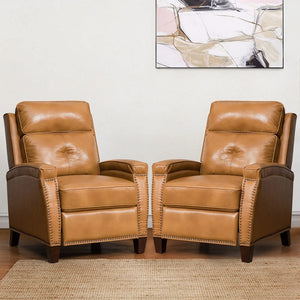 Gaspar Mid-Century Modern Genuine Leather Pushback Recliner with Wood legs Set of 2