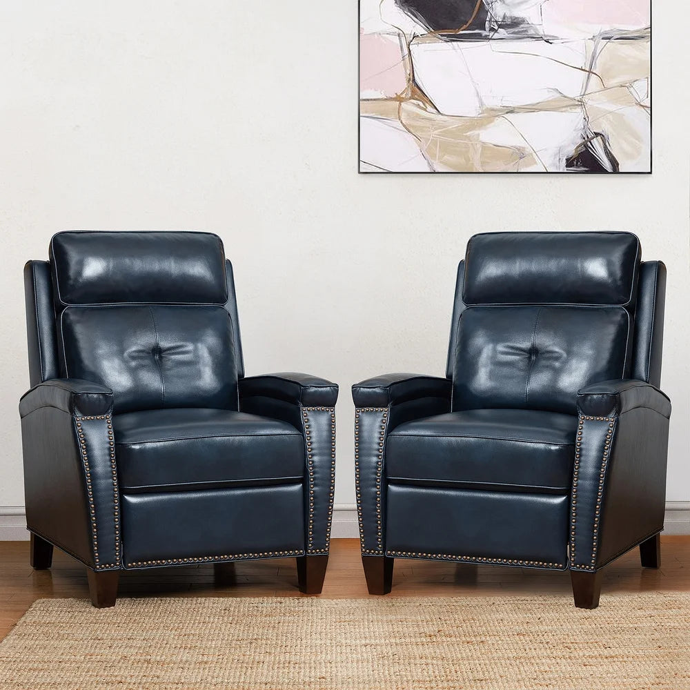 Gaspar Mid-Century Modern Genuine Leather Pushback Recliner with Wood legs Set of 2