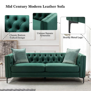 Calymne 84" Mid-century Modern Leather Sofa with Button-Tufted Back