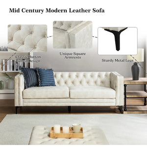 Calymne 84" Mid-century Modern Leather Sofa with Button-Tufted Back