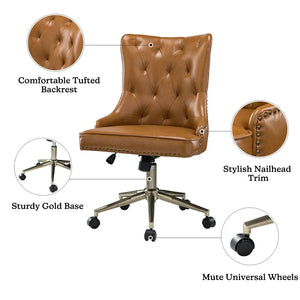 Leo Modern Leather Tufted Task Chair Nailhead Trim with Golden Base