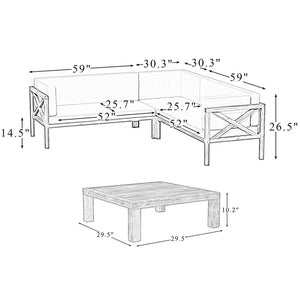 Nicoletta Modern Solid Wood 4-Piece Outdoor Sectional Sofa with Cushions