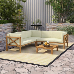 Nicoletta Modern Solid Wood 4-Piece Outdoor Sectional Sofa with Cushions