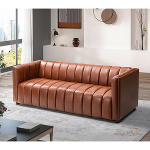 Olinto Modern Camel 83-inch Genuine Leather Curved Couch with Channel-tufted Back