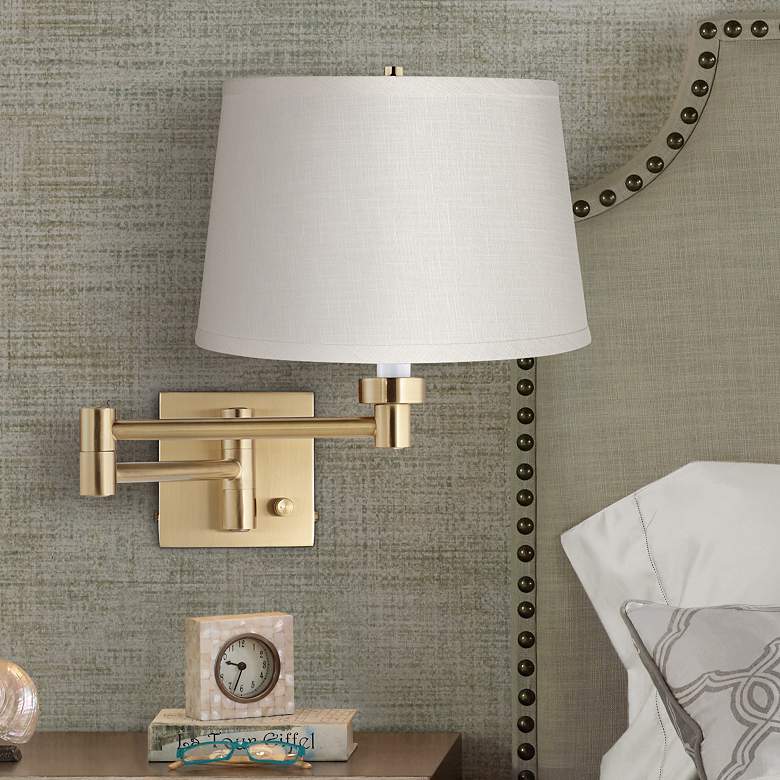 Alta Square White Linen and Antique Brass Plug-In Swing Arm Wall Lamp