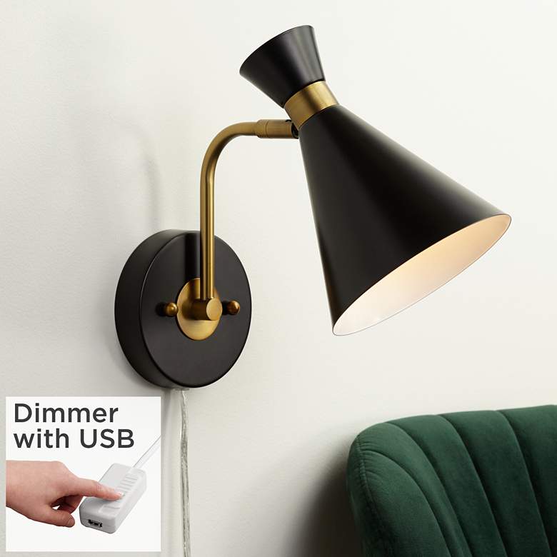 Venice Matte Black Modern Cone Wall Lamp with USB Dimmer