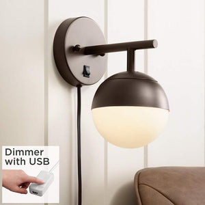 Luna Frosted Glass Bronze Globe Plug-In Wall Lamp with USB Dimmer