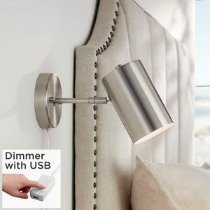 Carla Brushed Nickel Cylinder Down-Light Plug-In Wall Lamp with USB Dimmer