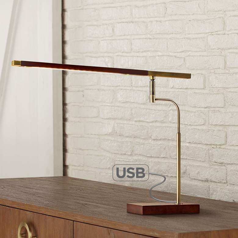 Barrett Walnut and Brass Modern LED Desk Lamp with USB Port